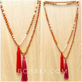 wood mala bead tassels necklaces with pearls