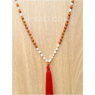 wood mala bead tassels necklaces with pearls