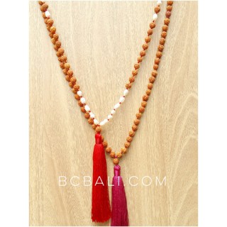 wood mala bead tassels necklaces with pearls