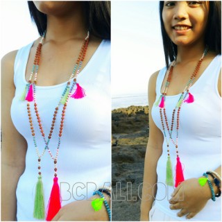 bead wood mala tassels necklace handmade bali