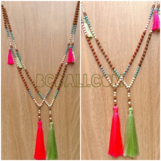 bead wood mala tassels necklace handmade bali