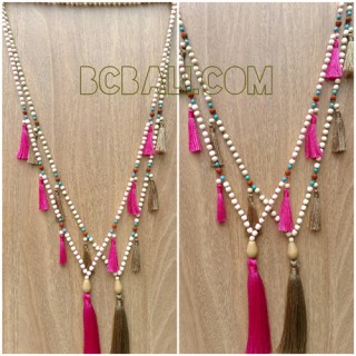 multi tassels wooden bead mala necklaces bali