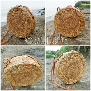 ata grass hand woven circle design handbag leather strap long handle