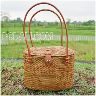 ata grass straw woven tote bag bali handmade leather handle