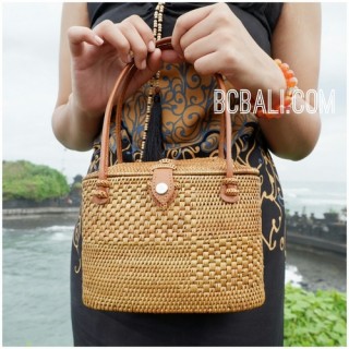 ata grass straw woven tote bag bali handmade leather handle