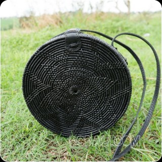 new black color ata rattan grass handwoven handbag circle design