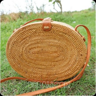 new oval design rattan handbag ata hand woven leather handle 