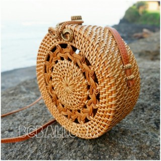 new rattan handbags circle design motif bow close handle leather