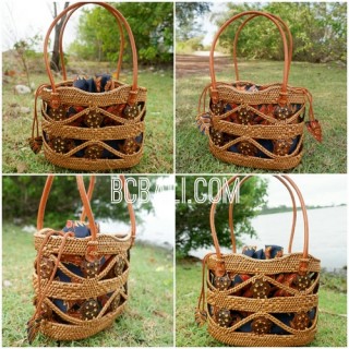 balinese style handwoven ata grass woman tote bag with batik lining