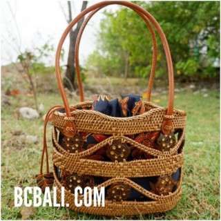 balinese style handwoven ata grass woman tote bag with batik lining