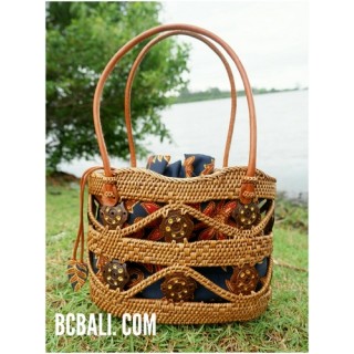 balinese style handwoven ata grass woman tote bag with batik lining