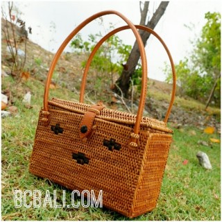 square handmade rattan grass natural tote bags purse motif flower strap