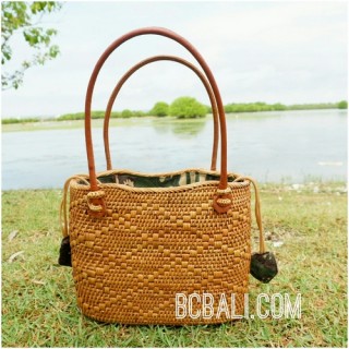 unique ethnic tote bag purse rattan grass handwoven leather handle