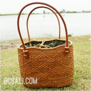 unique ethnic tote bag purse rattan grass handwoven leather handle