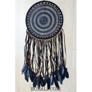 large size dream catcher crochet handmade black feather long leather