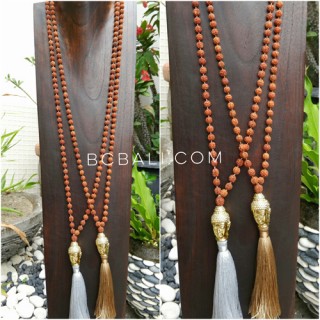 buddha head full rudraksha bead wood necklaces tassel pendant