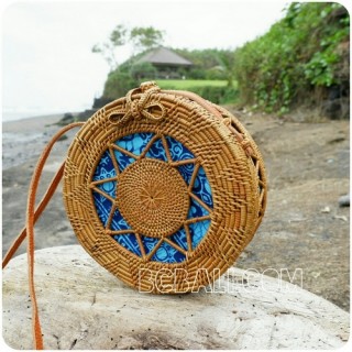 blue fabric rattan round circles sling bags motif handwoven