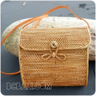 passport sling bags rattan leather with flower clip