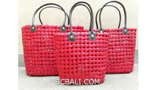sea grass net woven handbag handmade set of3 red color