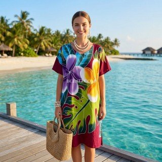 Casual Midi Dress Rayon Hand Painted Floral Design