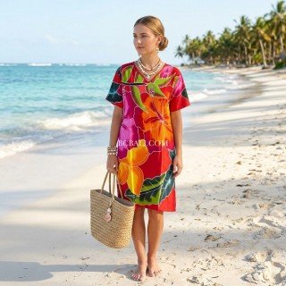 Casual Midi Dress Rayon Hand Painted Floral Design