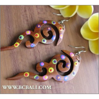 Tribal Earring Painted Wood Carved Bali