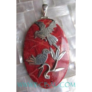 Carving Red Coral Pendant Silver