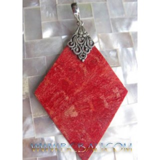 Silver Carved On Pendant Red Coral