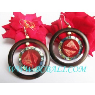 Exotic Red Coral Shell with Woods Earrings