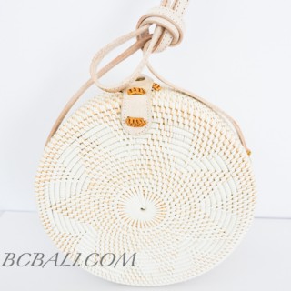 Circle Round Rattan Bags Handwoven Full White Color Handle Leather 