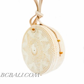 Circle Round Rattan Bags Handwoven Full White Color Handle Leather 