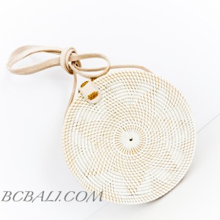 Circle Round Rattan Bags Handwoven Full White Color Handle Leather 