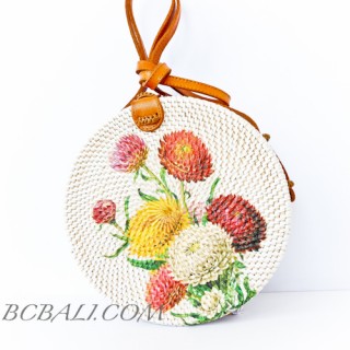 Circle Rattan Sling Bags Bali With Flower Decorations Handmade