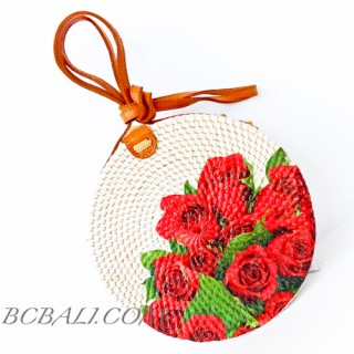 Circle Rattan Sling Bags Bali With Flower Decorations Handmade