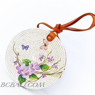 Circle Rattan Sling Bags Bali With Flower Decorations Handmade