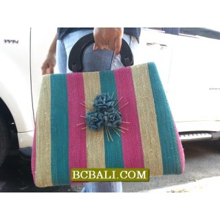 Multi Color Straw Bags Wood Handle Flower