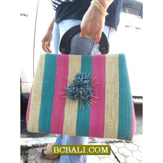 Multi Color Straw Bags Wood Handle Flower