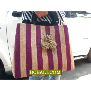 Flowers Handbags Wooden Handle Straw Agel