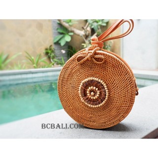 natural circle rattan sling bag with wooden beads