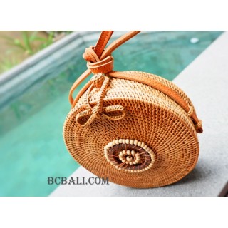 natural circle rattan sling bag with wooden beads