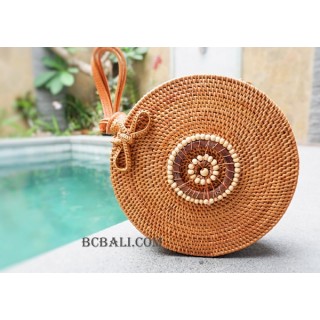 natural circle rattan sling bag with wooden beads