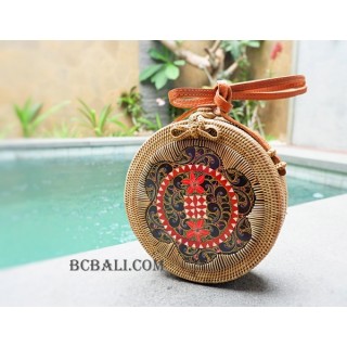 women circle sling bags rattan wooden hand painted