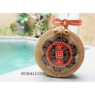 women circle sling bags rattan wooden hand painted