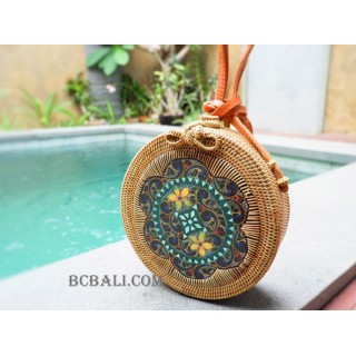 handmade circle sling bags rattan with wood painting