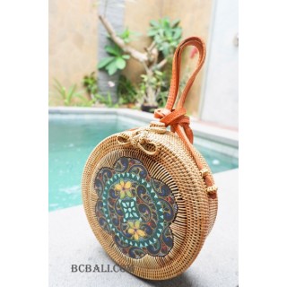 handmade circle sling bags rattan with wood painting