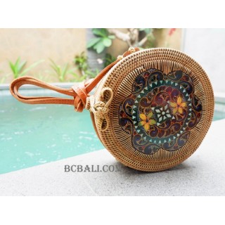 handmade circle sling bags rattan with wood painting