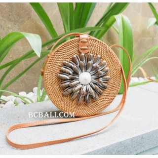 bali handmade rattan sling bags circle with seashells