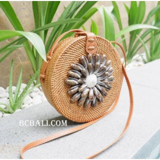 bali handmade rattan sling bags circle with seashells