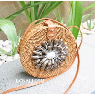 bali handmade rattan sling bags circle with seashells